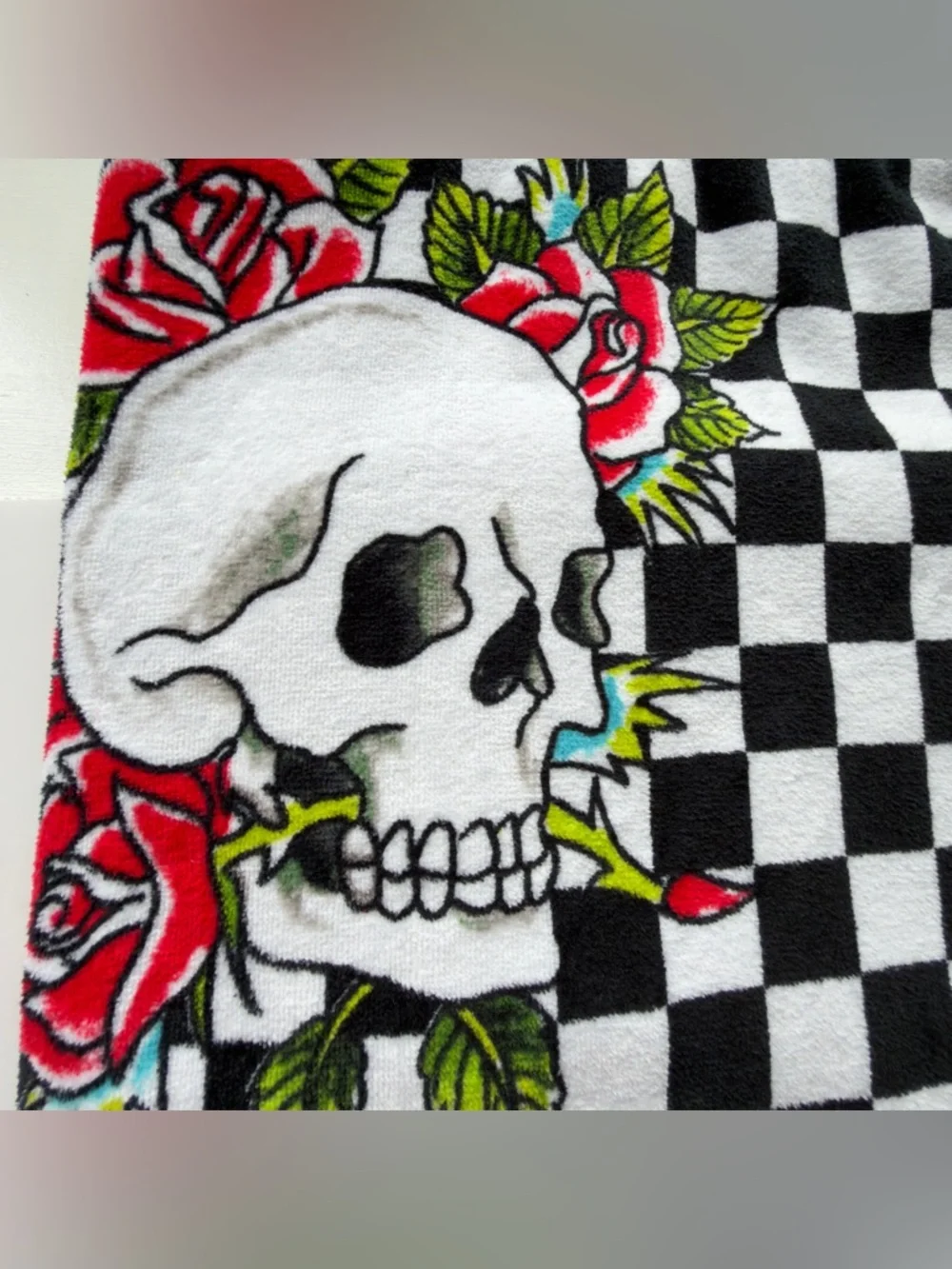 Ed Hardy Black, White & Pink Checkerboard Skull Beach Towel